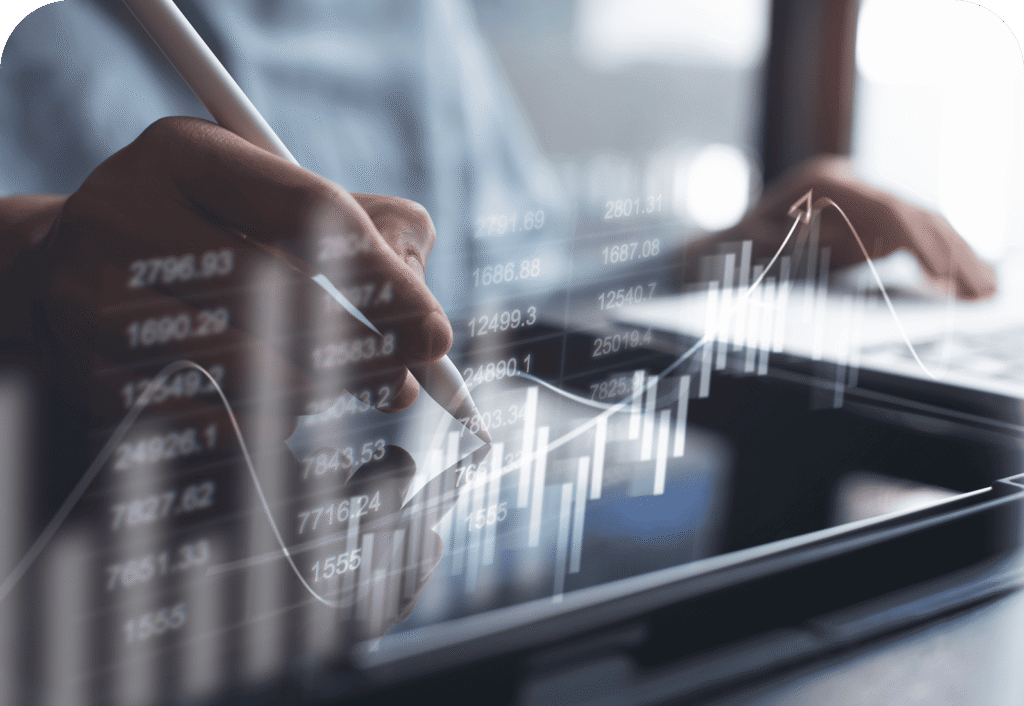 Hand using stylus on tablet with overlay of financial graphs and data, indicating business analysis and strategy planning.
