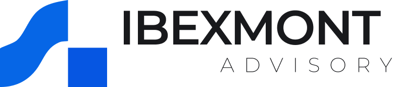 Blue abstract shape next to "IBEXMONT ADVISORY" in bold black letters on a white background.