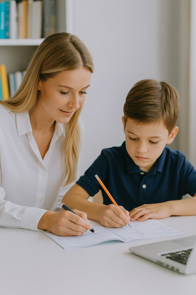 Woman and boy writing on paper at a desk, open laptop nearby, bookcase in the background.